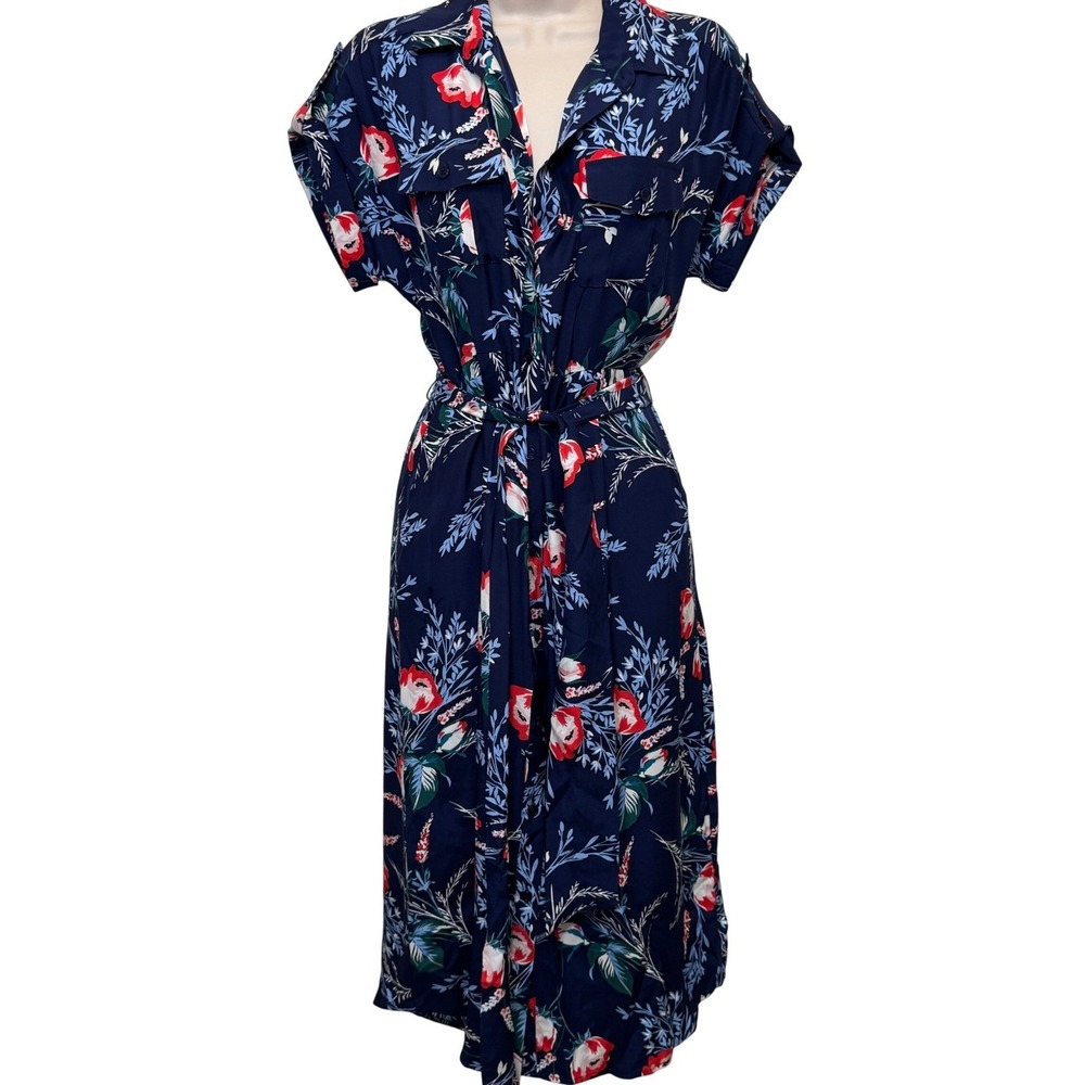 Yumi Kim Secret Love Shirt Dress S Navy Blue Floral Satin Botanical Belted Boho